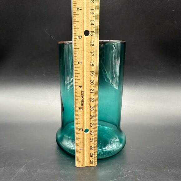 Vintage Hand Blown Teal Glass Vase Candle Holder Cadmium Glow Handmade Art Green - Picture 10 of 11